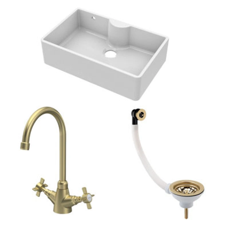 Image of Balterley Fireclay 1 Bowl Butler Sink Overflow Waste Tap Brushed Brass 795mm Bronze