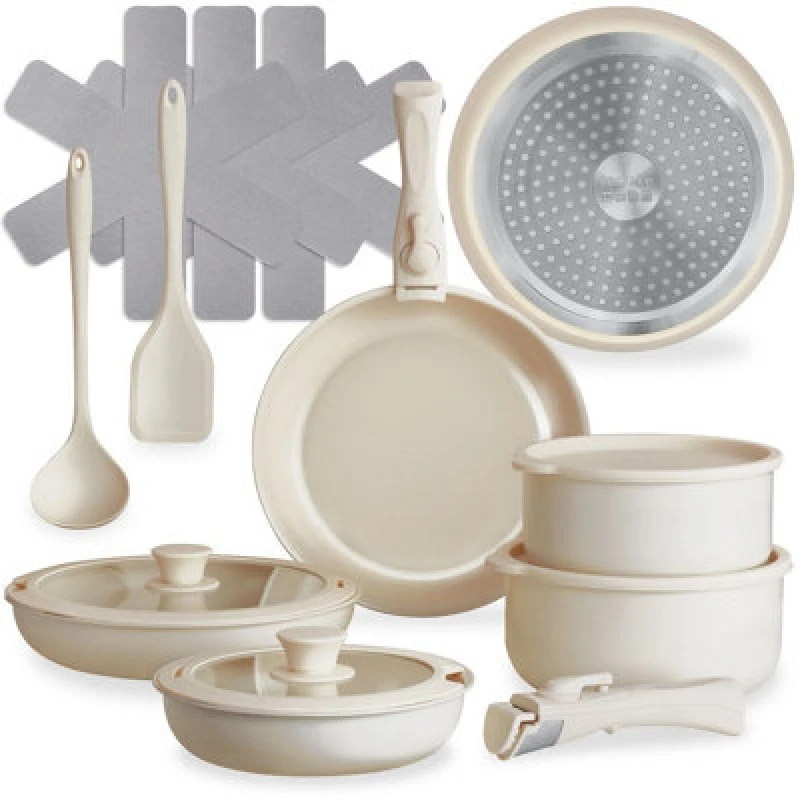 Image of Tectake Pot And Pan Set Genoa 16 Pcs Including Lids, Utensils And Felt Protectors - White