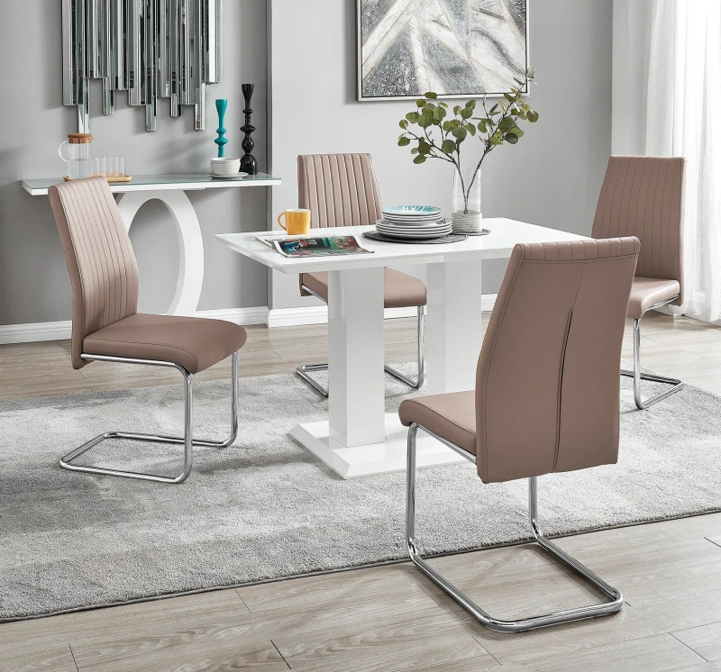 Image of FurnitureboxUK FurnitureboxUK Imperia 4 Seater Modern White High Gloss Rectangular Dining Table And 4 Lorenzo Faux Leather Chairs in Beige Beige One S