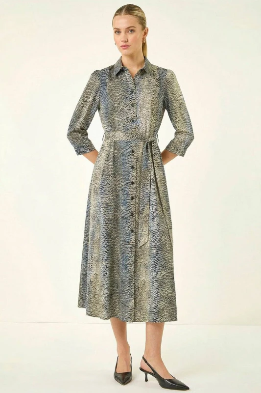 Image of Roman Womens Animal Print Midi Shirt Dress in Navy Size: 12 Navy Female 12