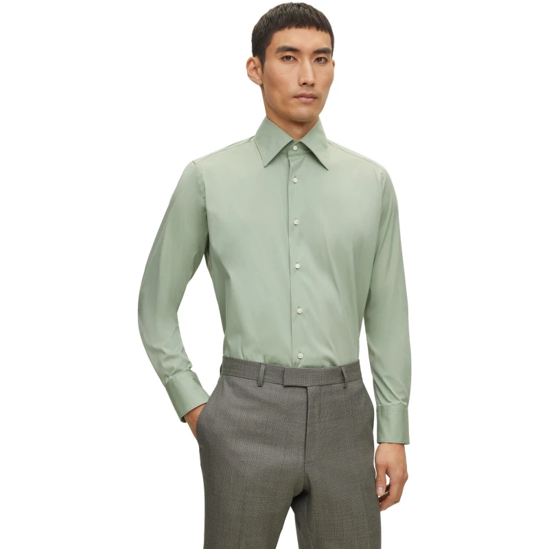 Image of Boss Mens Long Sleeve Plain Shirt Light/Green male 14.5 inch