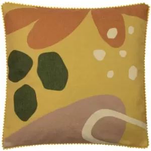 Image of Furn Blume Geometric Floral Pom Pom Fringe Cushion Cover, Ochre, 45 x 45 Cm