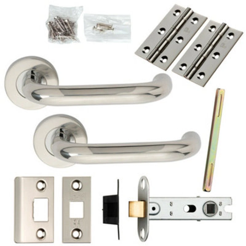 Image of Loops Door Handle & Latch Pack Polished Steel Safety Lever Screwless Round Rose Metallics