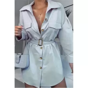 Image of I Saw It First Blue Drop Shoulder Oversized Belted Shirt Dress - Blue