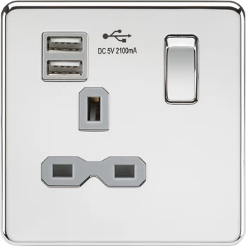 Image of KnightsBridge Screwless 13A 1G switched socket with dual USB charger (2.1A) - polished chrome with grey insert