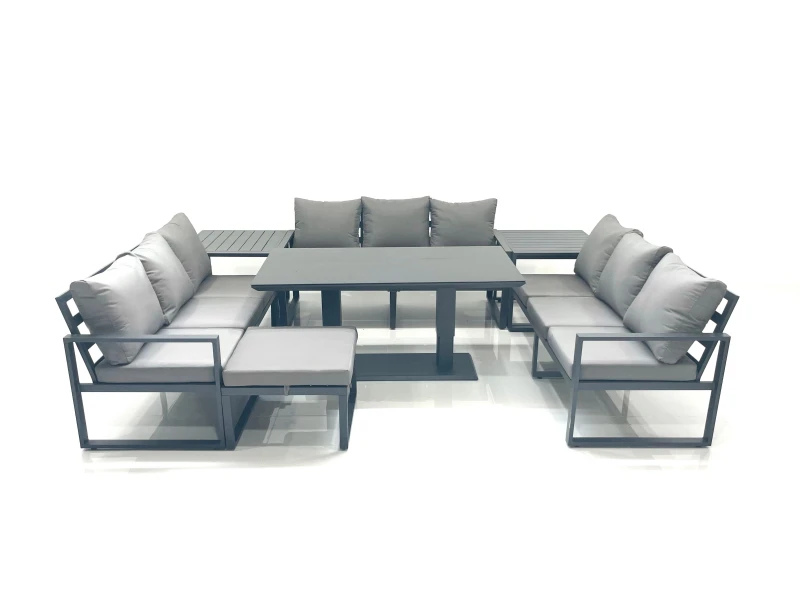 Image of Fimous 10 Seater Garden Sofa Set Aluminium Furniture Rising Dining Tabe Set with 2 Side Tables Big Footstool Dark Grey Dark Grey Unisex