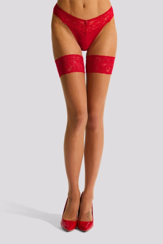 Image of Ann Summers Womens Lace Top Hold Ups in Red Size: Large Red Female L