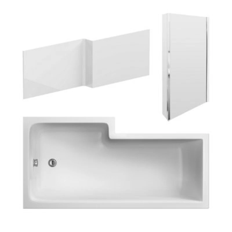 Image of Nuie Right Hand Square Shower Bath Set, Modern Bathtub With Screen & Side Panel, Deep Soaking Bathtub With Legs In White, 1600mm