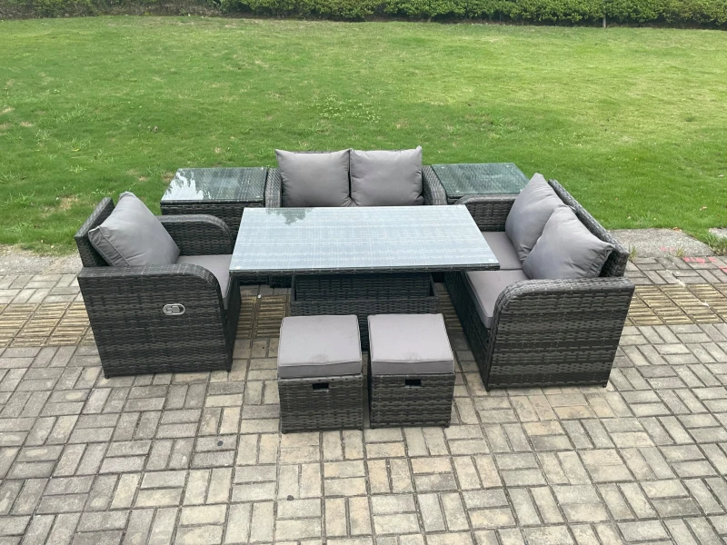 Image of Fimous Wicker PE Rattan Furniture Garden Dining Set With Reclining Chair 2 Side Tables 2 Small Footstools Dark Grey