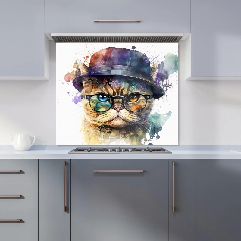 Image of Warren Reed - Designer Shorthair Cat With Glasses Splashart Kitchen Splashback Size: 700mm x 750mm Multicolor Unisex 700mm x 750mm