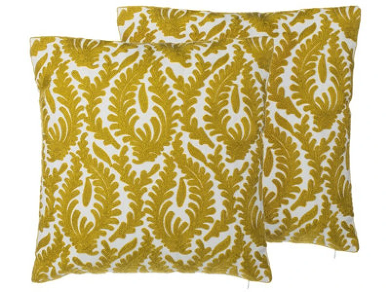 Image of Beliani Set Of 2 Decorative Cushions Primula Cotton 45 X 45cm Mustard Ikat