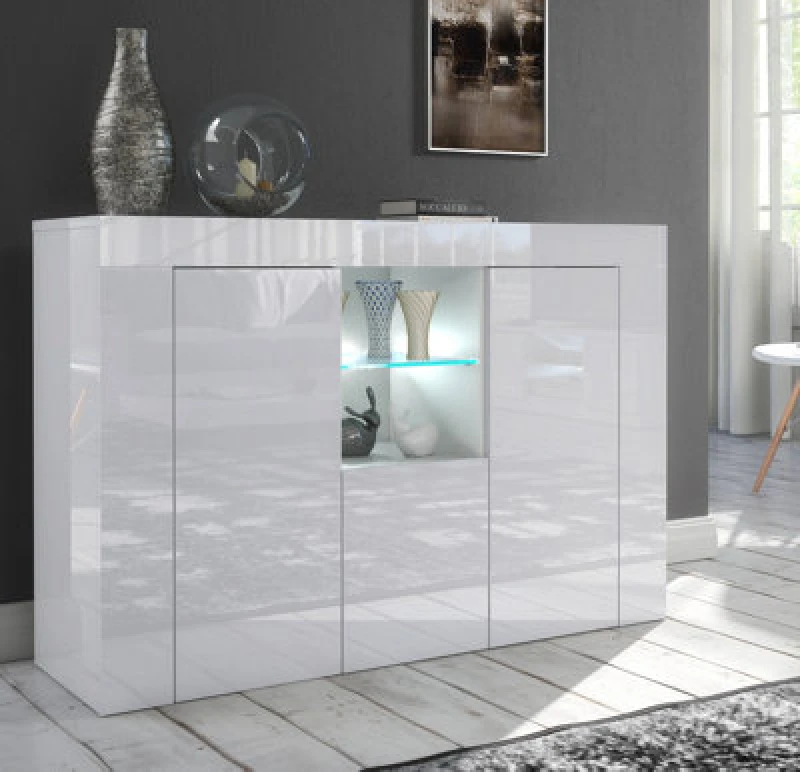 Image of Furneo Matt & High Gloss White Cabinet Cupboard Sideboard Unit Clifton 05 White LED Light