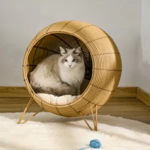 Image of PawHut Wicker Cat Bed Elevated Rattan Kitten Basket Pet Den. House Cozy Cave with Soft Cushion Φ52 x 58cm Light Brown