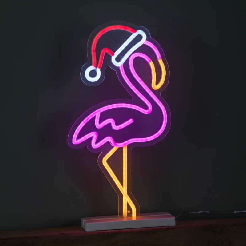 Image of 43cm Light up Neon Effect Flamingo with Santa Hat on Base with Multi-Coloured LEDs
