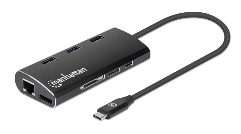Image of Manhattan Manhattan USB-C Dock/Hub with Card Reader Ports (x6): Ethernet HDMI USB-A (x3) and USB-C With Power Delivery (100W) to USB-C Port (Note addi