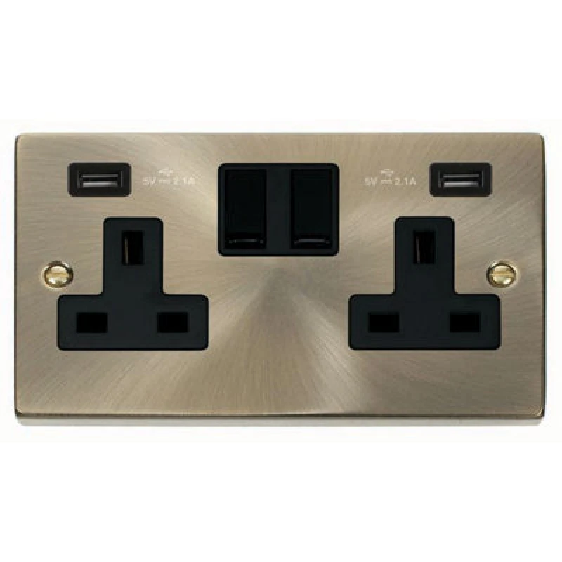 Image of SE Home Antique Brass 2 Gang 13A 2 USB Twin Double Switched Plug Socket Gold unisex