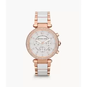 Image of Michael Kors Womens Parker Chronograph Two-Tone Stainless Steel Glitz Watch - Rose Gold