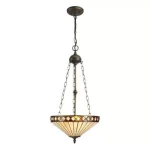Image of Luminosa Lighting - 3 Light Uplighter Ceiling Pendant E27 With 40cm Tiffany Shade, Amber, Crystal, Aged Antique Brass