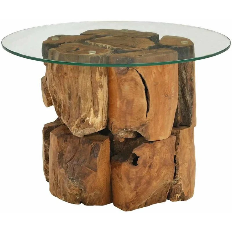Image of vidaXL Solid Teak Driftwood Coffee Table 60cm Glass Tabletop Telephone Stand