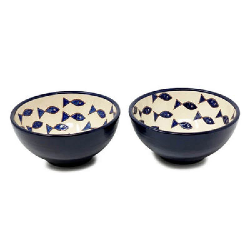 Image of Verano Spanish Ceramics Signature Blue & White Fish Hand Painted Ceramic Set of 2 Appetiser Bowls (Diam) 15cm Blue