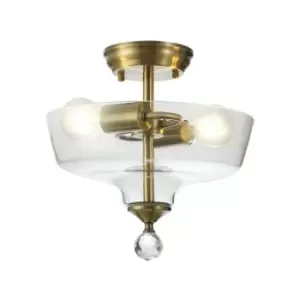Image of Luminosa Talisa 2 Light Semi Flush Ceiling Lamp E27 With Flat Round 30cm Glass Shade Antique Brass, Clear