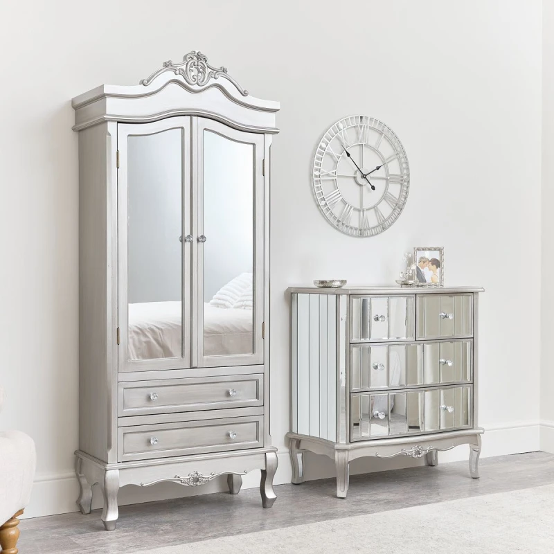 Image of Melody Maison Mirrored Closet & Chest Of Drawers - Tiffany Range Metallic Silver