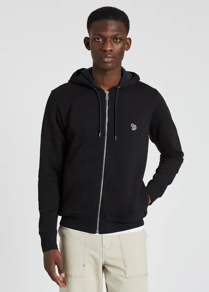 Image of Paul Smith Black Cotton Zip-Front Zebra Logo Hoodie