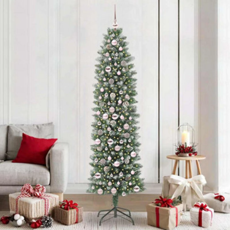 Image of vidaXL Artificial Slim Christmas Tree with Pink Balls Green and white 210 cm, Green 3395307