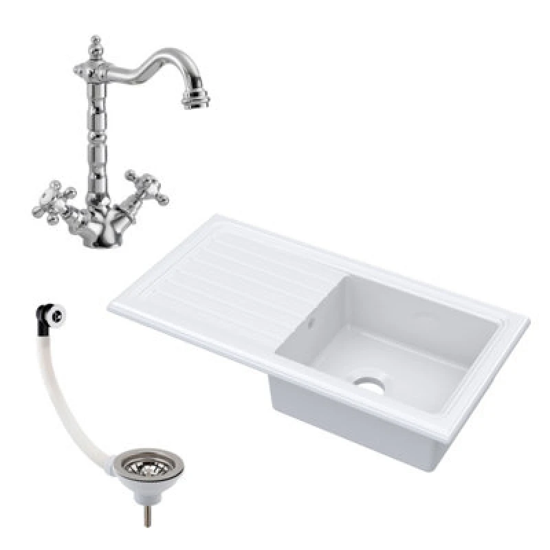 Image of Balterley Fireclay Drop In Sink 1 Bowl Drainer Tap Waste 1010mm White