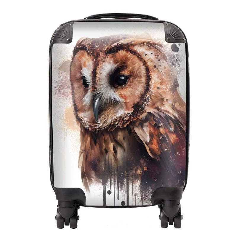Image of Warren Reed - Designer Tawny Owl Face Splashart Light Background Suitcase in Brown Size: Medium Brown Unisex Medium