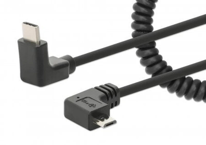 Image of Manhattan Manhattan USB-C to Micro-USB Cable, 1m, Male to Male, Black, 480 Mbps (USB 2.0), Tangle Resistant Curly Design, Angled Connectors, Ideal for