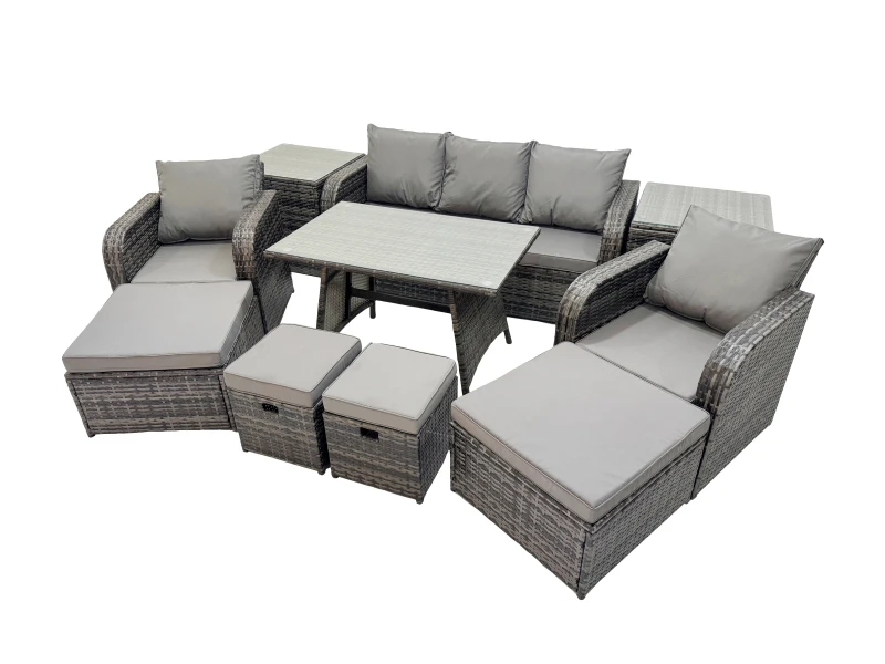 Image of Fimous Garden Rattan Furniture Set 9 Seater with 2 Side Table 2 Big Stool in Dark Grey Dark Grey Unisex