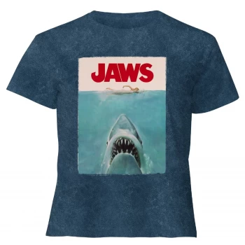 Image of Jaws Classic Poster - Womens Cropped T-Shirt - Navy Acid Wash - S - Navy Acid Wash