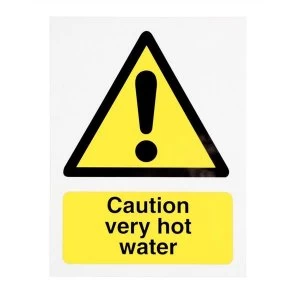 Image of Stewart Superior KS001SAV Self Adhesive Rigid Vinyl Sign 50x75mm Pack of 5 Caution Very Hot Water