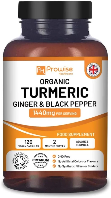 Image of Prowise Healthcare Organic Turmeric Capsules High Strength 1440mg - 120 Turmeric Capsules with Black Pepper, Ginger & Curcumin (2 Month Supply) - Turm