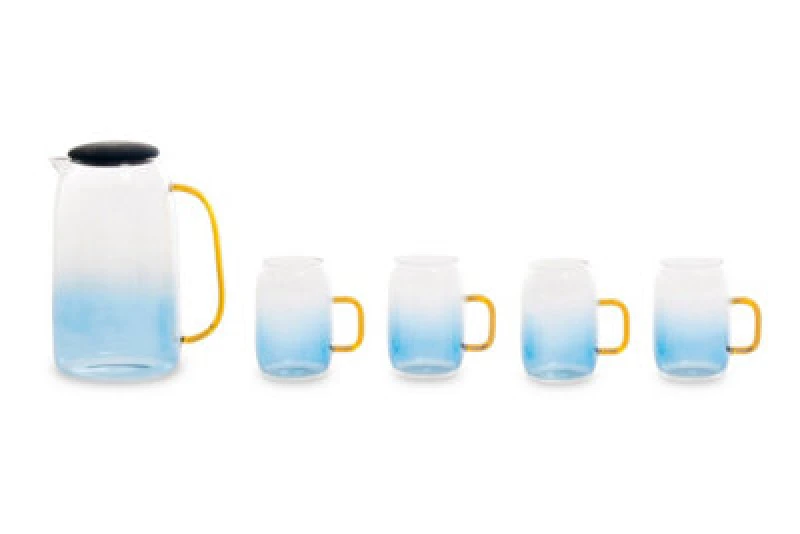 Image of Orsina Glass Ombre Blue Pitcher & Cup Set, Delicate Glass Jug Set With Amber Handles, Spacious 1500Ml Jug With Lid