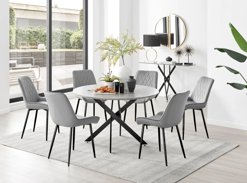 Image of FurnitureboxUK FurnitureboxUK Novara Grey Concrete Effect Black Leg 120cm Round Dining Table & 6 Pesaro Black Leg Chairs Grey One Size Unisex 50566571
