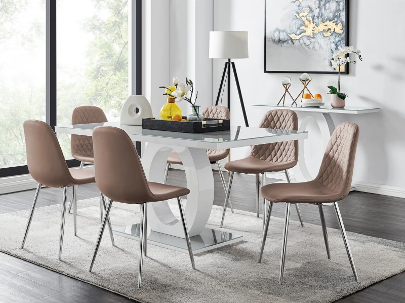 Image of FurnitureboxUK FurnitureboxUK Giovani 6-Seater Grey Glass Dining Table and 6 Corona Faux Leather Dining Chairs in Beige Beige One Size Unisex 50565426
