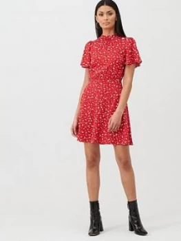 Image of Oasis Ditsy Print High Neck Skater Dress - Red , Multi Red, Size 18, Women