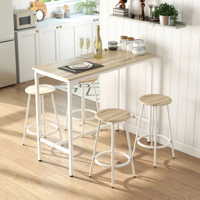 Image of HOMCOM 5 Piece Bar Table & Stools Set with Metal Frame Natural Wood Size: 1m x 2m Natural Unisex 1m x 2m