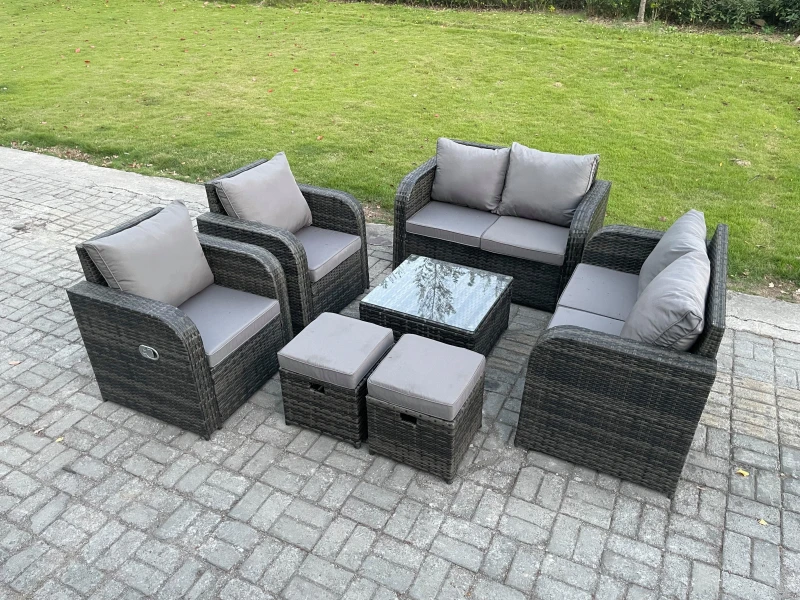 Image of Fimous Garden Furniture Set Rattan Outdoor Lounge Sofa Chair With Tempered Glass Table 2 Small Footstools Dark Grey Mixed Dark Grey