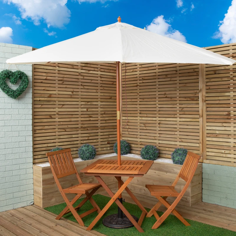 Image of Outdoor 2 Person Folding Wooden Garden Dining Table Chairs Cream Parasol and Base Set