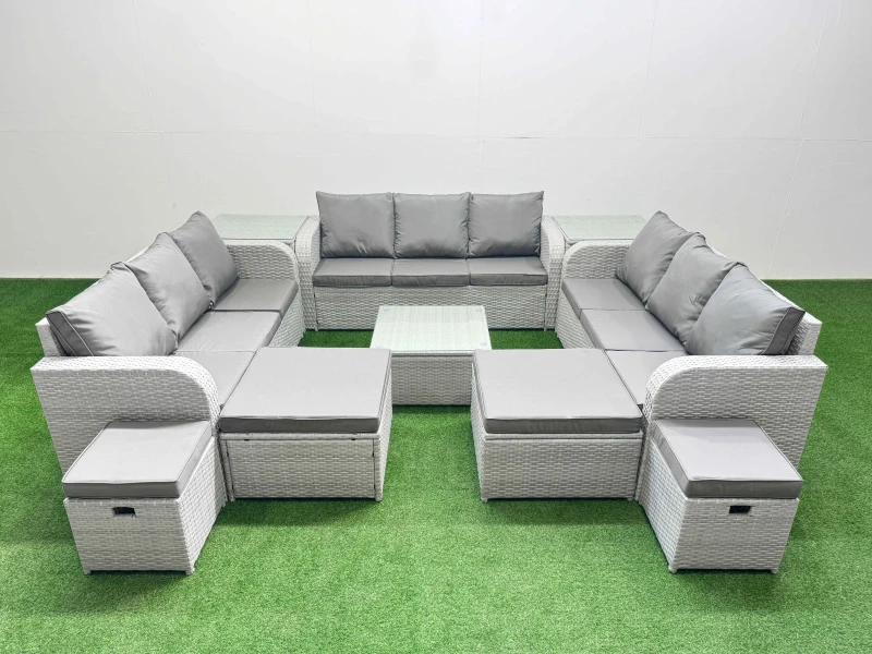 Image of Fimous 13 Seater Outdoor Garden Furniture Set PE Rattan Lounge Sofa Set in Light Grey Light Grey Unisex