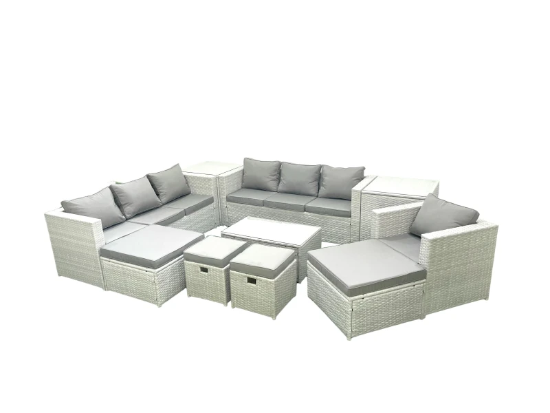 Image of Fimous 10 Pieces Rattan Garden Furniture Set Outdoor Garden Sofa Chair Coffee Table Set with 2 Side Tables 4 Footstools Light Grey Mixed Light Grey