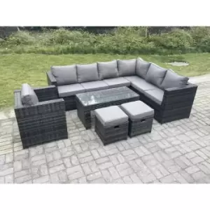 Image of Fimous 7 Seater Outdoor Dark Grey Rattan Lounge Complete Sofa Set Right Side with Rectangular Coffee Table and 2 Stools