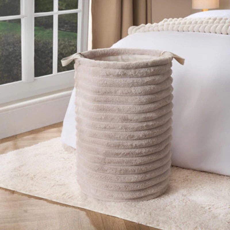 Image of OHS OHS Faux Fur Ribbed Laundry Basket Bag Folding Hamper with Handles in Natural Natural One Size Unisex 5027434225668