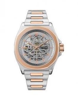 Image of Ingersoll Ingersoll The Orville Silver And Rose Gold Detail Skeleton Automatic Dial Two Tone Stainless Steel Bracelet Watch