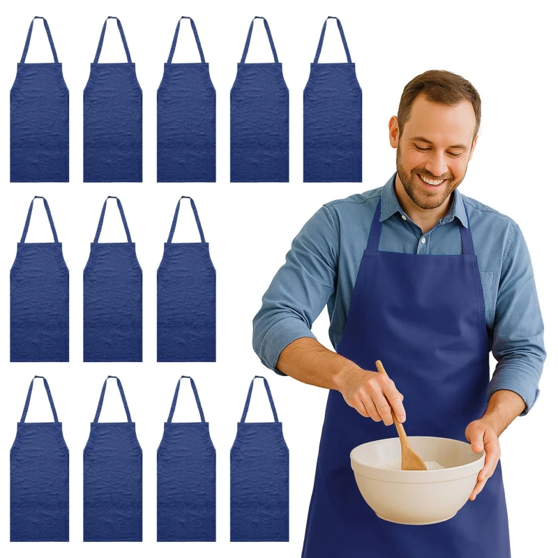 Image of Nicola Spring Cotton Kitchen Bib Aprons - One Size - Pack of 12 in Navy Navy Unisex
