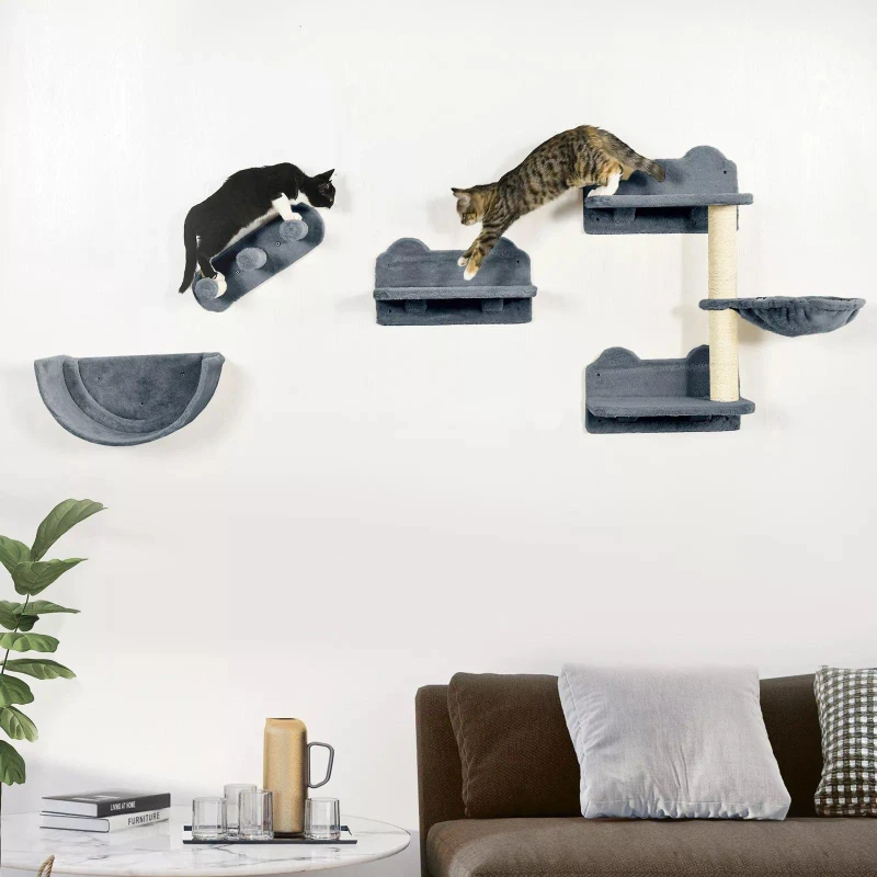 Image of PawHut PawHut 4PCs Wall-Mounted Cat Self Activity Set Light Grey unisex One Size