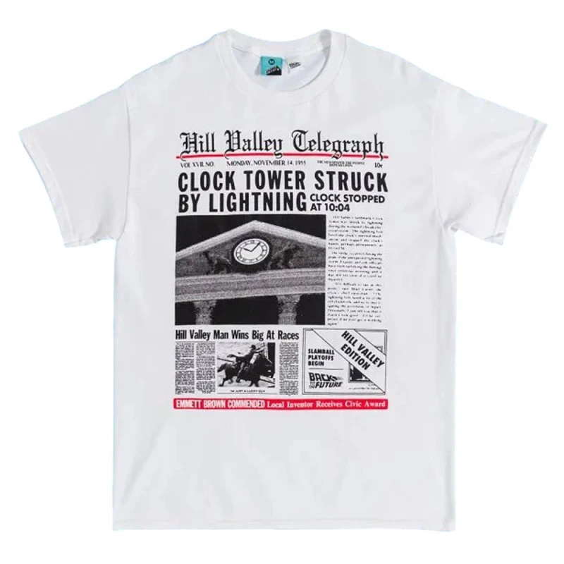 Image of Back To The Future Mens Hill Valley Newspaper T-Shirt in White Size: Large White Male L